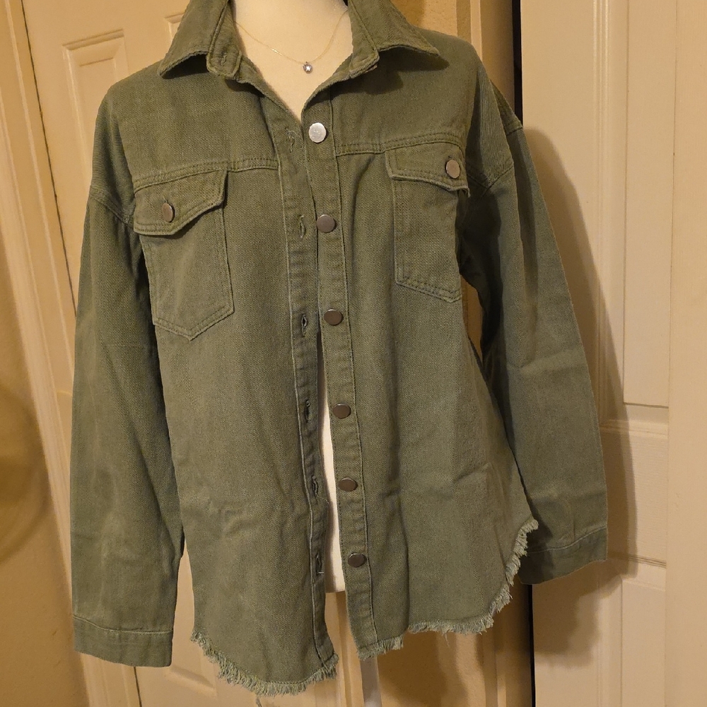 Olive Green Women's Jean Like Jacket Metal Buttons